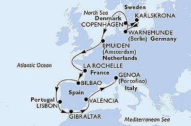 Dánsko, Švédsko, Nemecko, Holandsko, Francúzsko, Španielsko, Portugalsko, Gibraltár, Taliansko z Kodaně na lodi MSC Poesia, plavba s bonusom