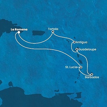 Dominikánska republika, Sv. Lucia, Barbados, Guadeloupe, Antigua a Barbuda, Britské Panenské ostrovy z La Romany na lodi Costa Fascinosa