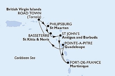 Martinik, Guadeloupe, Britské Panenské ostrovy,  Svätý Krištof a Nevis, Antigua a Barbuda z Fort de France, Martinik na lodi MSC Virtuosa