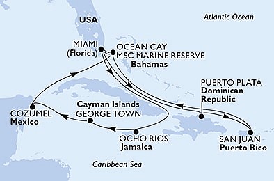 USA, Dominikánska republika, Bahamy, Jamajka, Kajmanské ostrovy, Mexiko z Miami na lodi MSC Seascape