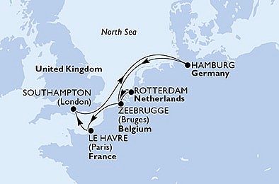 Holandsko, Belgicko, Francúzsko, Veľká Británia, Nemecko z Rotterdamu na lodi MSC Preziosa