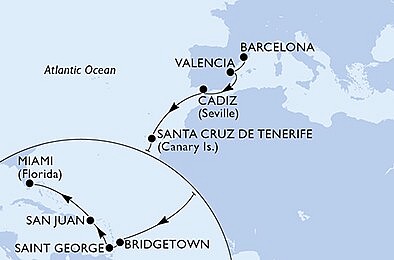 Španielsko, Barbados, Grenada, USA z Barcelony na lodi MSC Seaside