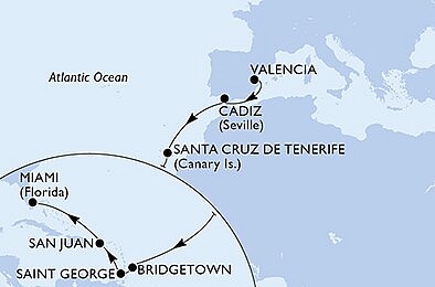 Španielsko, Barbados, Grenada, USA z Valencie na lodi MSC Seaside