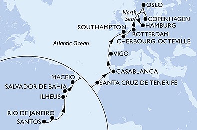 Brazília, Španielsko, Maroko, Veľká Británia, Francúzsko, Holandsko, Dánsko, Nórsko, Nemecko zo Santosu na lodi MSC Preziosa
