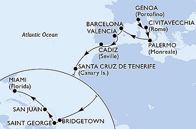 Taliansko, Španielsko, Barbados, Grenada, USA z Janova na lodi MSC Seaside, plavba s bonusom