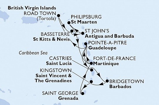 Martinik, Guadeloupe, Britské Panenské ostrovy, ... z Fort de France, Martinik na lodi MSC Virtuosa
