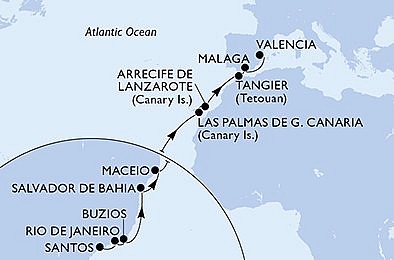 Brazília, Španielsko, Maroko zo Santosu na lodi MSC Grandiosa, plavba s bonusom