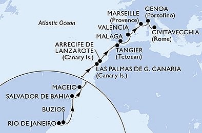 Brazília, Španielsko, Maroko, Francúzsko, Taliansko z Rio de Janeira na lodi MSC Grandiosa, plavba s bonusom