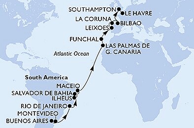 Argentína, Uruguaj, Brazília, Španielsko, Portugalsko, Veľká Británia, Francúzsko z Buenos Aires na lodi MSC Poesia, plavba s bonusom