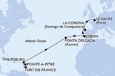 Martinik, Guadeloupe, Svatý Martin, Portugalsko, Španielsko, Francúzsko z Fort de France, Martinik na lodi MSC Virtuosa