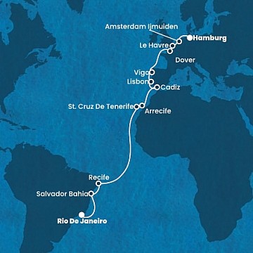 Brazília, Španielsko, Portugalsko, Francúzsko, Veľká Británia, Holandsko, Nemecko z Rio de Janeira na lodi Costa Favolosa