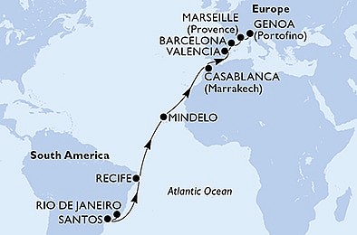 Brazília, Kapverdy, Maroko, Španielsko, Francúzsko, Taliansko z Rio de Janeira na lodi MSC Orchestra, plavba s bonusom