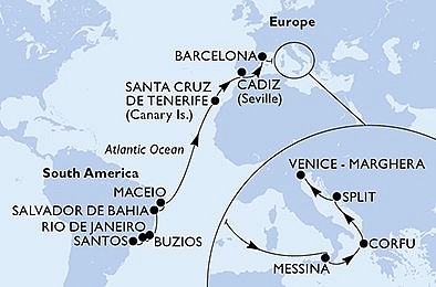 Brazília, Španielsko, Taliansko, Grécko, Chorvátsko zo Santosu na lodi MSC Armonia, plavba s bonusom