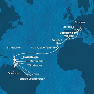 Španielsko, Francúzsko, Taliansko, Portugalsko, Svatý Martin, Martinik, Guadeloupe, … z Barcelony na lodi Costa Fortuna