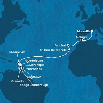 Francúzsko, Španielsko, Portugalsko, Svatý Martin, Martinik, Guadeloupe, Trinidad a Tobago, ... z Marseille na lodi Costa Fortuna