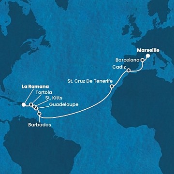 Francúzsko, Španielsko, Barbados, Guadeloupe, Svätý Krištof a Nevis, ... z Marseille na lodi Costa Fascinosa