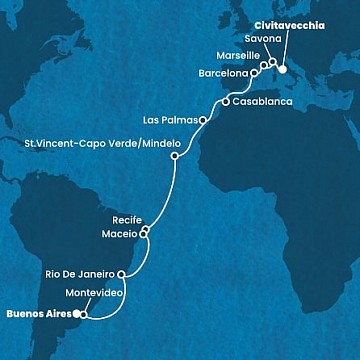 Taliansko, Francúzsko, Španielsko, Maroko, Kapverdy, Brazília, Uruguaj, Argentína z Civitavechie na lodi Costa Deliziosa