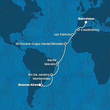 Španielsko, Maroko, Kapverdy, Brazília, Uruguaj, Argentína z Barcelony na lodi Costa Deliziosa
