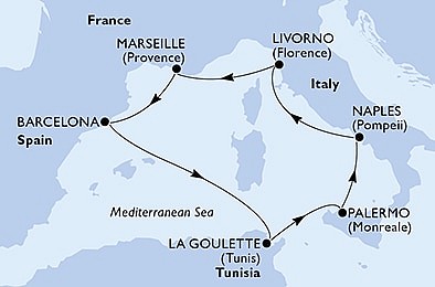 Španielsko, Tunisko, Taliansko, Francúzsko z Barcelony na lodi MSC Seaside
