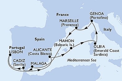 Španielsko, Portugalsko, Taliansko, Francúzsko z Málagy na lodi MSC Musica