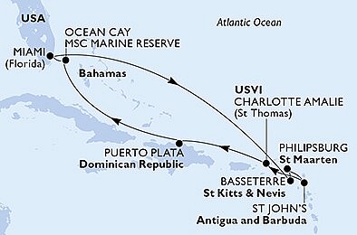 USA, Svätý Krištof a Nevis, Svatý Martin, Antigua a Barbuda, Dominikánska republika, Bahamy z Miami na lodi MSC Divina