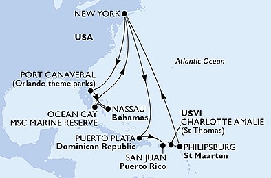 USA, Dominikánska republika, Svatý Martin, Bahamy z New Yorku na lodi MSC Meraviglia