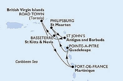 Martinik, Guadeloupe, Svatý Martin, Antigua a Barbuda, Svätý Krištof a Nevis, Britské Panenské o. z Fort de France, Martinik na lodi MSC Virtuosa