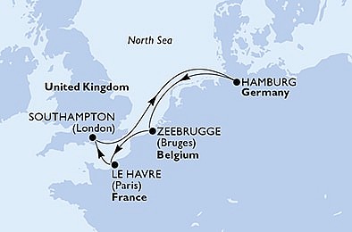 Belgicko, Francúzsko, Veľká Británia, Nemecko zo Zeebrugge na lodi MSC Preziosa
