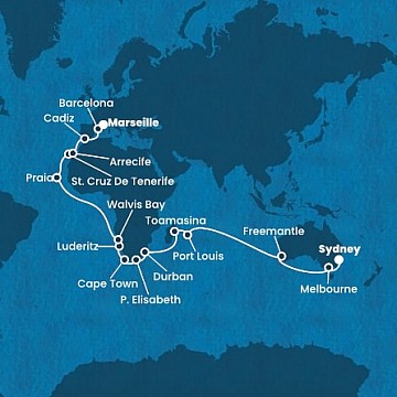 Austrália, Maurícius, Madagaskar, Juhoafrická republika, Namíbia, Kapverdy, Španielsko, Francúzsko ze Sydney na lodi Costa Deliziosa
