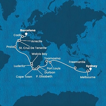 Austrália, Maurícius, Madagaskar, Juhoafrická republika, Namíbia, Kapverdy, Španielsko ze Sydney na lodi Costa Deliziosa