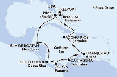 USA, Jamajka, Aruba, Kolumbia, Panama, Kostarika, Honduras, Bahamy z Miami na lodi MSC Divina