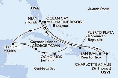 USA, Dominikánska r., Bahamy, Jamajka, Kajmanské ostrovy, Mexiko z Miami na lodi MSC Seashore, plavba s bonusom