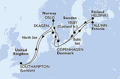 Veľká Británia, Nórsko, Dánsko, Estónsko, Fínsko, Švédsko zo Southamptonu na lodi MSC Virtuosa