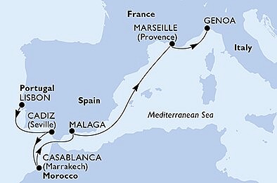 Portugalsko, Španielsko, Maroko, Francúzsko, Taliansko z Lisabonu na lodi MSC Virtuosa