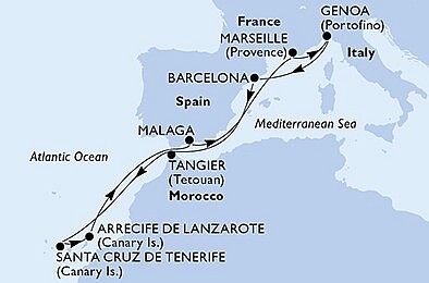 Španielsko, Francúzsko, Taliansko, Maroko z Tenerife na lodi MSC Magnifica