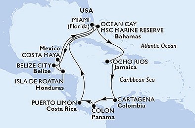 USA, Bahamy, Belize, Honduras, Mexiko, Jamajka, Kolumbia, Panama, Kostarika z Miami na lodi MSC Divina