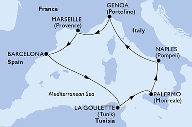 Taliansko, Francúzsko, Španielsko, Tunisko z Neapolu na lodi MSC Opera