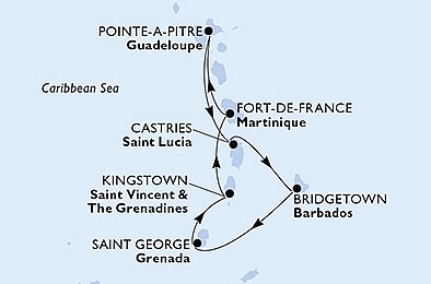 Martinik, Guadeloupe, Sv.Lucia, Barbados, ... z Fort de France, Martinik na lodi MSC Seaside