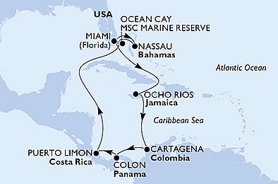 USA, Jamajka, Kolumbia, Panama, Kostarika, Bahamy z Miami na lodi MSC Divina