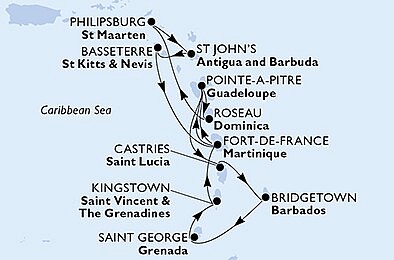 Barbados, Grenada, Svätý Vincent a Grenadiny, Martinik, Svätý Krištof a Nevis, Svätá Lucia z Bridgetownu na lodi MSC Seaside