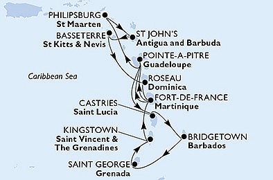 Barbados, Grenada, Svätý Vincent a Grenadiny, Svätý Krištof a Nevis, Dominika, Svätá Lucia z Bridgetownu na lodi MSC Seaside