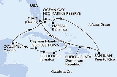 USA, Bahamy, Dominikánska r., Jamajka, Kajmanské ostrovy, Mexiko z Miami na lodi MSC Seaspace