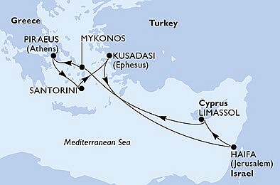 Grécko, Turecko, Izrael, Cyprus z Pireusu na lodi MSC Musica