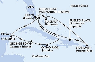 USA, Bahamy, Jamajka, Kajmanské ostrovy, Mexiko, Dominikánska republika z Miami na lodi MSC Seaspace