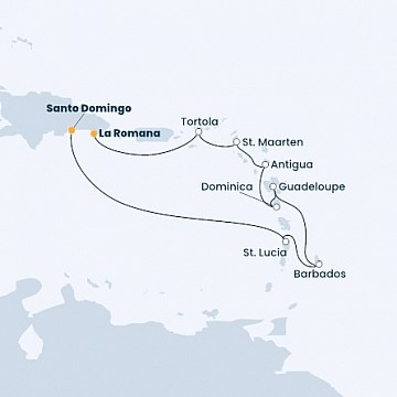 Dominikánska republika, Svätá Lucia, Barbados, Svatý Martin, Britské Panenské ostrovy zo Santa Dominga na lodi Costa Pacifica