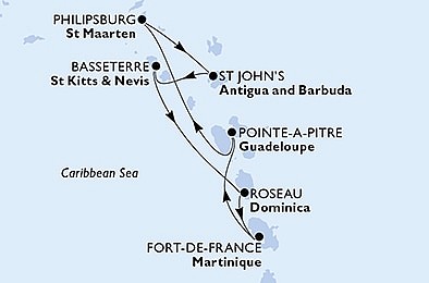 Martinik, Guadeloupe, Svatý Martin, Antigua a Barbuda, Svätý Krištof a Nevis, ... na lodi MSC Seaside, plavba s bonusom