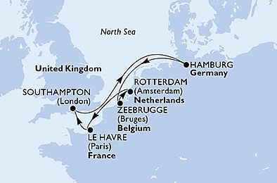 Belgicko, Holandsko, Francúzsko, Veľká Británia, Nemecko zo Zeebrugge na lodi MSC Virtuosa, plavba s bonusom