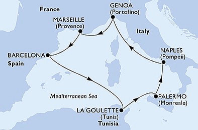 Taliansko, Francúzsko, Španielsko, Tunisko z Neapolu na lodi MSC Grandiosa
