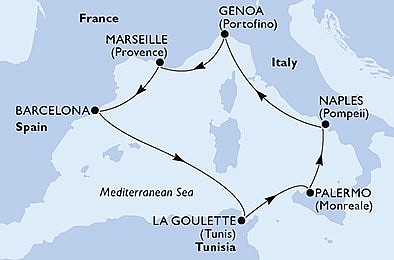 Taliansko, Francúzsko, Španielsko, Tunisko z Palerma na lodi MSC Grandiosa, plavba s bonusom