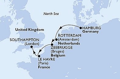 Nemecko, Holandsko, Belgicko, Francúzsko, Veľká Británia z Hamburgu na lodi MSC Euribia, plavba s bonusom